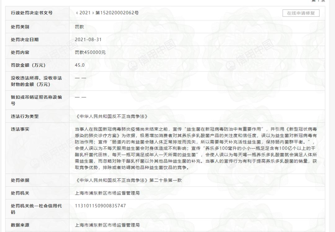 。天眼查app股东信息显示，该公司由养乐多(中国)投资有限公司全资持股。截图自信用中国官方网站信用中