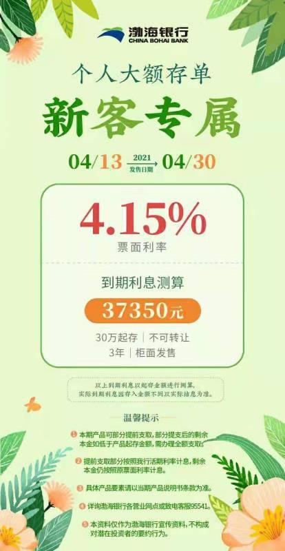 ​渤海银行烟台分行：大额存单4.15%，三年期新客专属