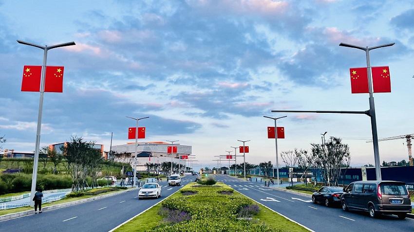 成都东部新区在5条城市主干道和三岔tod周边路灯杆上悬挂国旗.